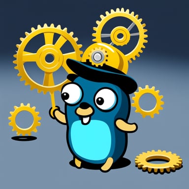 Go Blue Gopher with gold cogs.