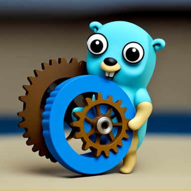 Go Blue Gopher holding a large cog.