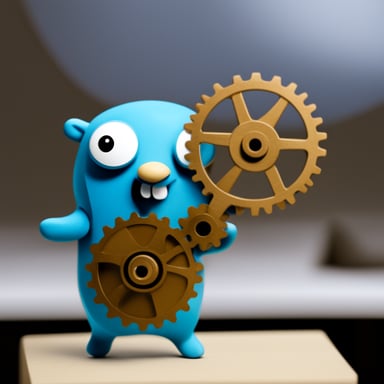 Go Blue Gopher holding a large cog.