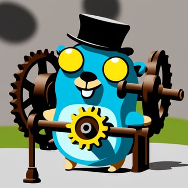 Go Blue Gopher holding a large cog.