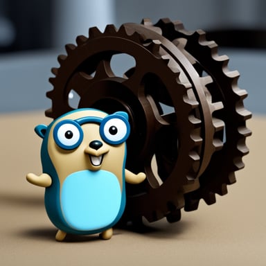 Go Blue Gopher holding a large cog.