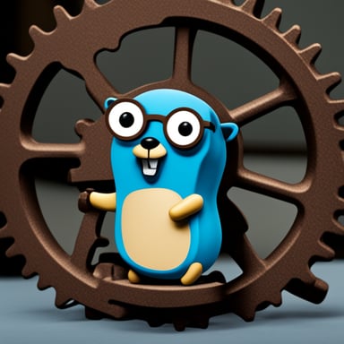 Go Blue Gopher in front of cog.