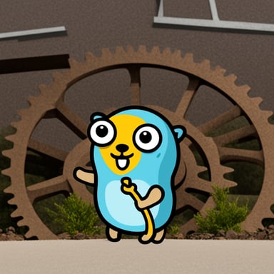 Go Blue Gopher in front of cog.