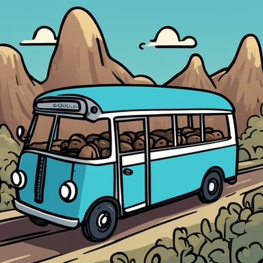 Cell shaded cartoony 2D sideview of a bus with Go Blue Gopher as the golang gopher driving in.