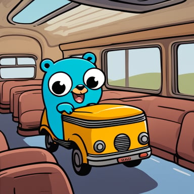 Cell shaded cartoony 2D sideview of a bus with Go Blue Gopher as the golang gopher driving in.
