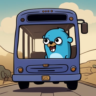 Cell shaded cartoony 2D sideview of a bus with Go Blue Gopher as the golang gopher driving in.