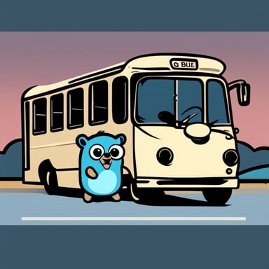 Cell shaded cartoony 2D sideview of a bus with Go Blue Gopher as the golang gopher driving in.