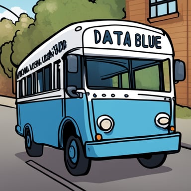 Cell shaded cartony 2D sideview of a bus with Go Blue Gopher driving with a license plate that says Data.
