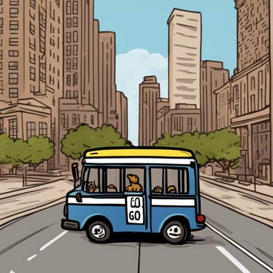 Cell shaded cartony 2D sideview of a bus with Go Blue Gopher driving with a license plate that says Data.