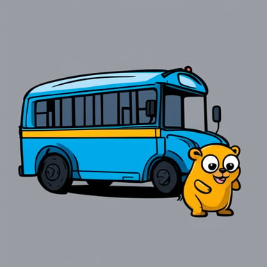 Cell shaded cartony 2D sideview of a bus with Go Blue Gopher driving with a license plate that says Data.
