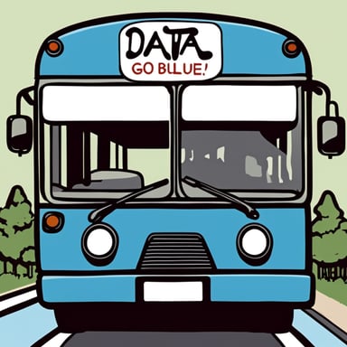 Cell shaded cartony 2D sideview of a bus with Go Blue Gopher driving with a license plate that says Data.
