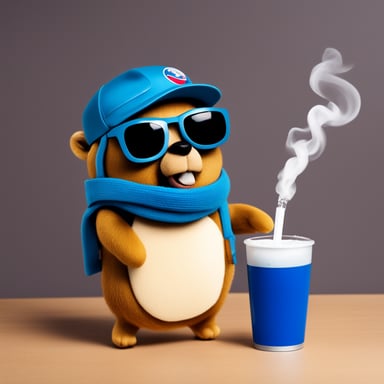 Go Blue Gopher from Kazakhstan, wearing aviator glasses, drinking Pepsi, and smoking.