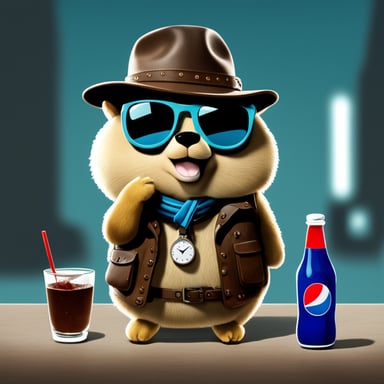 Go Blue Gopher from Kazakhstan, wearing aviator glasses, drinking Pepsi, and smoking.