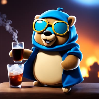 Go Blue Gopher from Kazakhstan, wearing aviator glasses, drinking Pepsi, and smoking.