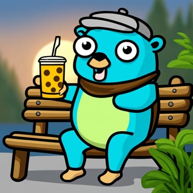 Go Blue Gopher sitting on a bench with cold melon tea.