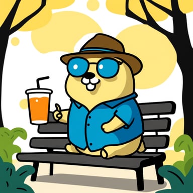Go Blue Gopher sitting on a bench with cold melon tea.