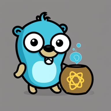 The surprised go blue gopher points his hand at the atom.