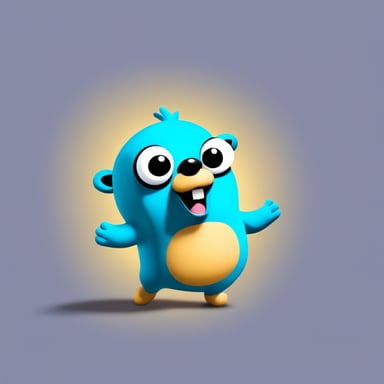 The surprised go blue gopher points his hand at the atom.