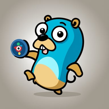 The surprised go blue gopher points his hand at the atom.