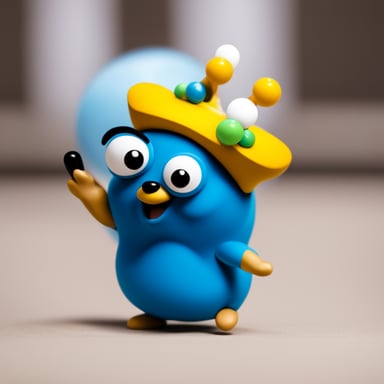 The surprised go blue gopher points his hand at the atom.
