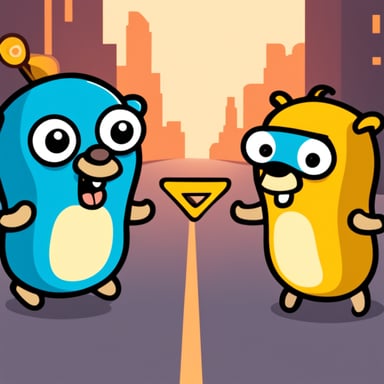 Go Blue Gopher fights Python as the Python logo.
