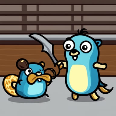 Go Blue Gopher fights Python as the Python logo.