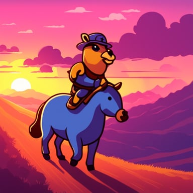 Go Blue Gopher riding a horse into the sunset.