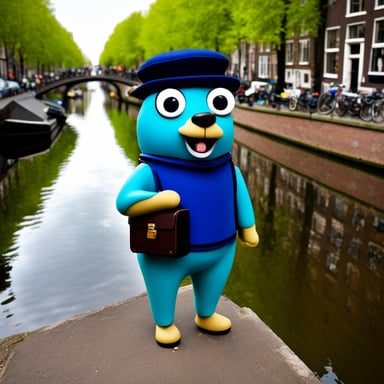 Go Blue Gopher in the Amsterdam canals, with luggage ready to travel.