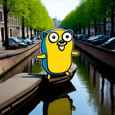 Go Blue Gopher in the Amsterdam canals, with luggage ready to travel.