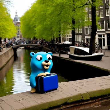 Go Blue Gopher in the Amsterdam canals, with luggage ready to travel.