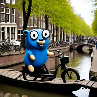 Go Blue Gopher in the Amsterdam canals, with luggage ready to travel.