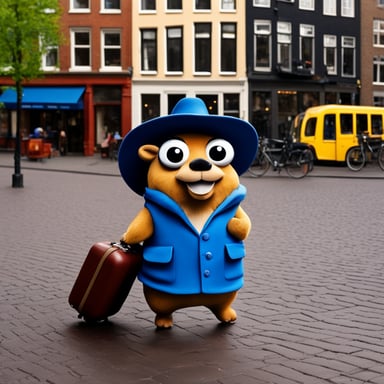 Go Blue Gopher stands in the center of Amsterdam, luggage in hand, ready to embark on a new adventure. The scene is depicted in a realistic style, highlighting the excitement and anticipation of travel.