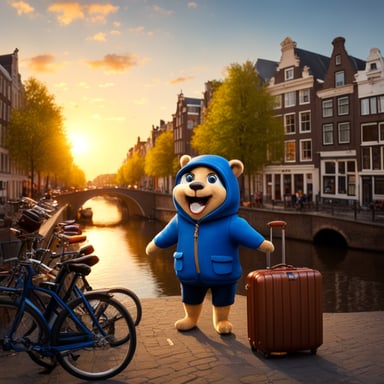 Go Blue Gopher stands in the center of Amsterdam, luggage in hand, ready to embark on a new adventure. The scene is depicted in a realistic style, highlighting the excitement and anticipation of travel.