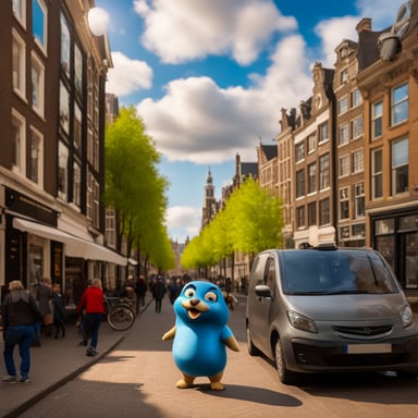 Go Blue Gopher stands in the center of Amsterdam, luggage in hand, ready to embark on a new adventure. The scene is depicted in a realistic style, highlighting the excitement and anticipation of travel.
