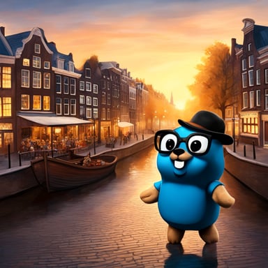 Go Blue Gopher stands in the center of Amsterdam, luggage in hand, ready to embark on a new adventure. The scene is depicted in a realistic style, highlighting the excitement and anticipation of travel.