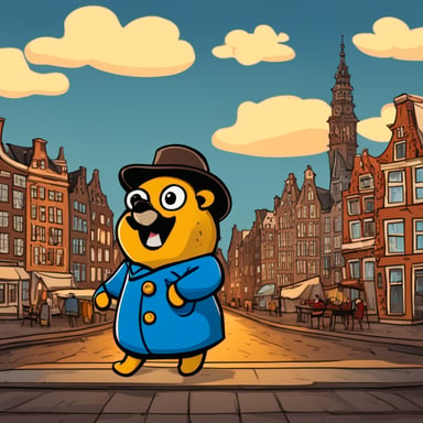 Go Blue Gopher stands in the center of Amsterdam, luggage in hand, ready to embark on a new adventure. The scene is depicted in a cartoon style, highlighting the excitement and anticipation of travel.