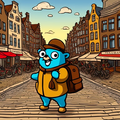 Go Blue Gopher stands in the center of Amsterdam, luggage in hand, ready to embark on a new adventure. The scene is depicted in a cartoon style, highlighting the excitement and anticipation of travel.