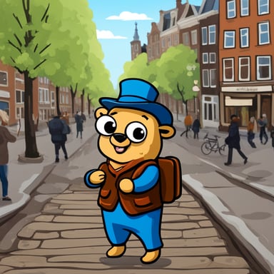 Go Blue Gopher stands in the center of Amsterdam, luggage in hand, ready to embark on a new adventure. The scene is depicted in a cartoon style, highlighting the excitement and anticipation of travel.