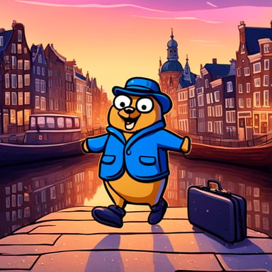 Go Blue Gopher stands in the center of Amsterdam, luggage in hand, ready to embark on a new adventure. The scene is depicted in a cartoon style, highlighting the excitement and anticipation of travel.