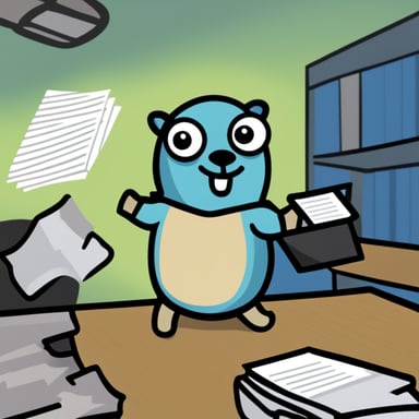 An image of the Go Blue Gopher, throwing documents from left to right.