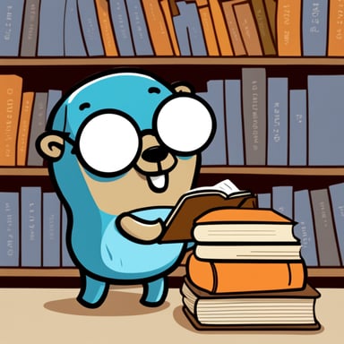 Go Blue Gopher putting books into a shelf, in comic style graphics.
