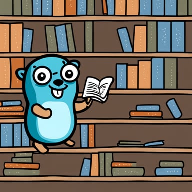 Go Blue Gopher putting books into a shelf, in comic style graphics.