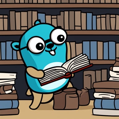 Go Blue Gopher putting books into a shelf, in comic style graphics.