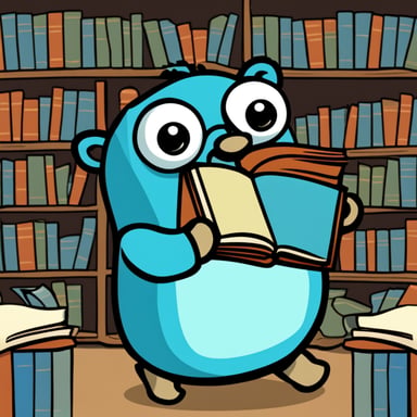 Go Blue Gopher putting books into a shelf, in comic style graphics.