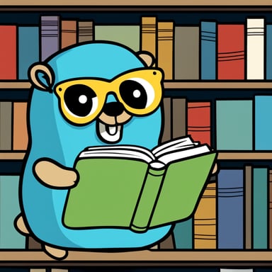 Go Blue Gopher squeezing books into a bookshelf. Comic style graphics.