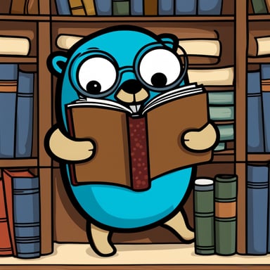 Go Blue Gopher squeezing books into a bookshelf. Comic style graphics.
