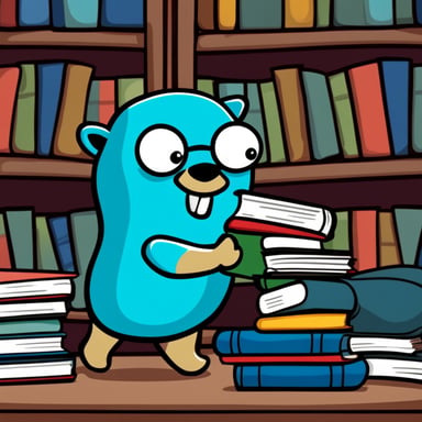 Go Blue Gopher squeezing books into a bookshelf. Comic style graphics.