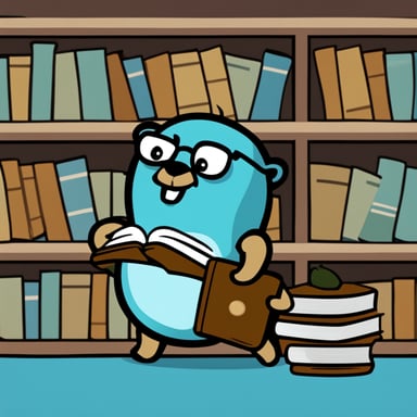 Go Blue Gopher squeezing books into a bookshelf. Comic style graphics.