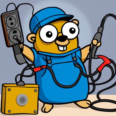 Go Blue Gopher is putting together two electrical cables in a comic style graphic.