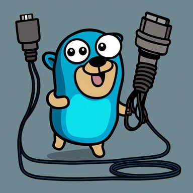 Go Blue Gopher plugging two cables together. Comical style graphics. No background.